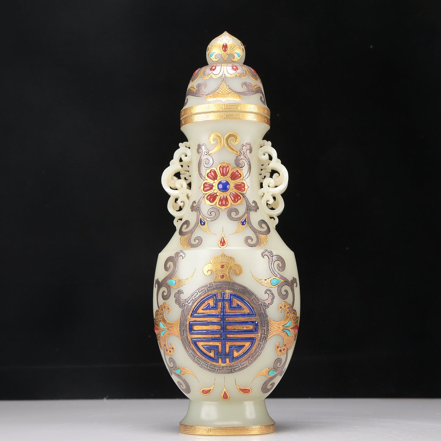 A Fabulous White Jade Gold& Silver-Mounted Gem-Inlaid 'Scrolling Lotus' Vase And Cover