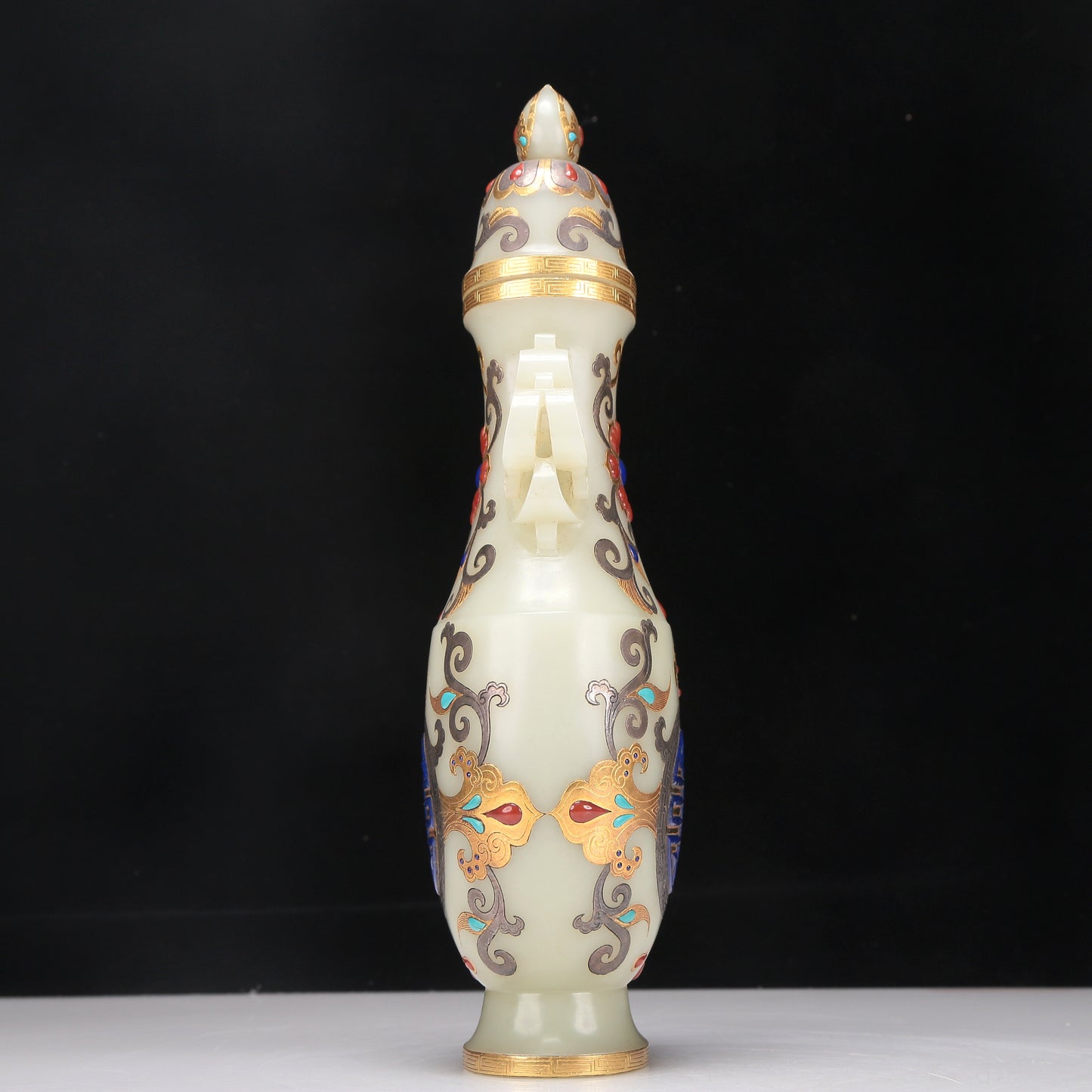 A Fabulous White Jade Gold& Silver-Mounted Gem-Inlaid 'Scrolling Lotus' Vase And Cover