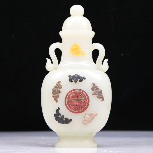 An Excellent White Jade Gem-Inlaid 'Bat' Vase And Cover