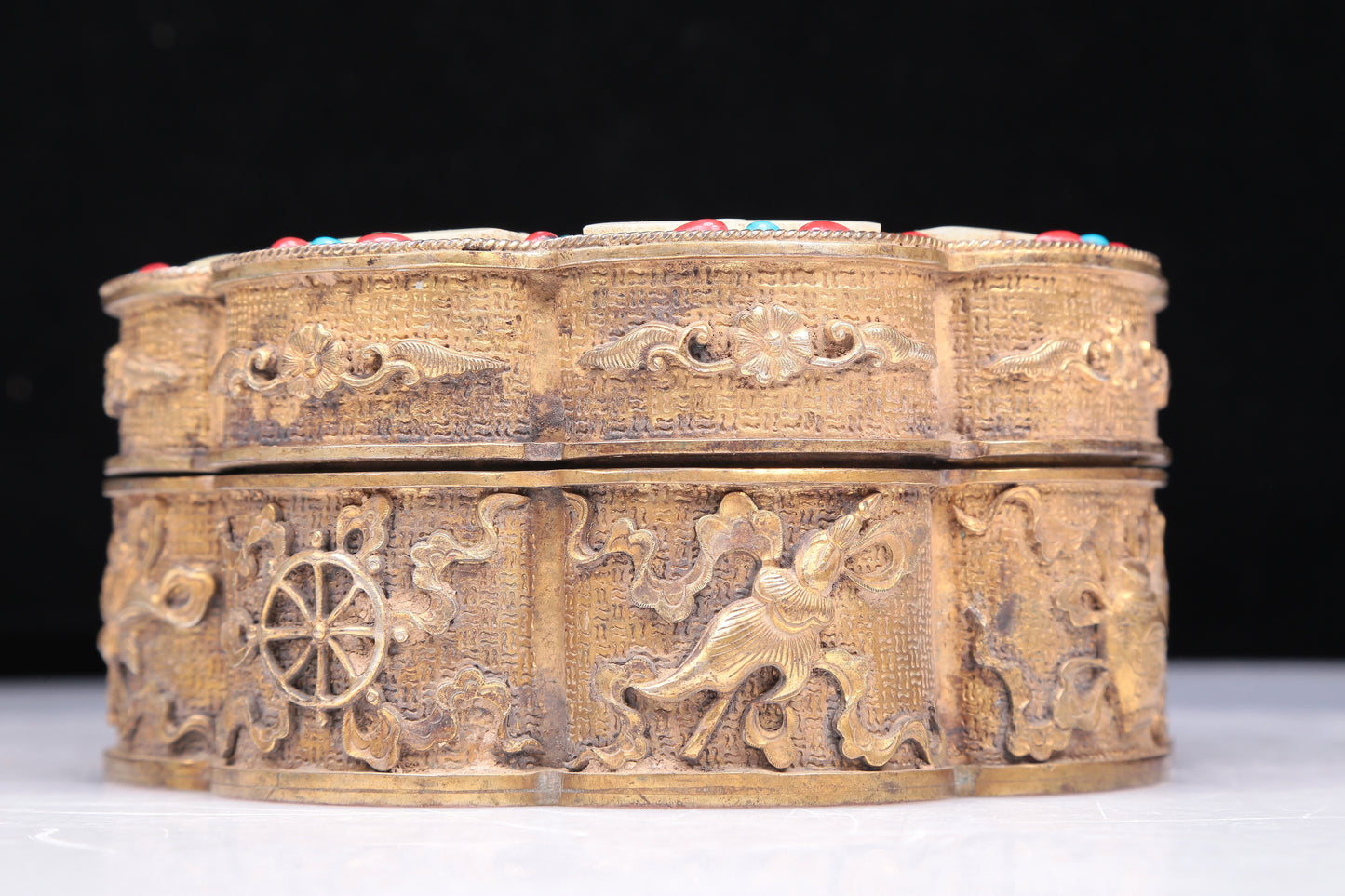 An Excellent Gilt-Bronze White Jade-Inlaid 'Weapons Of The Eight Immortals' Box