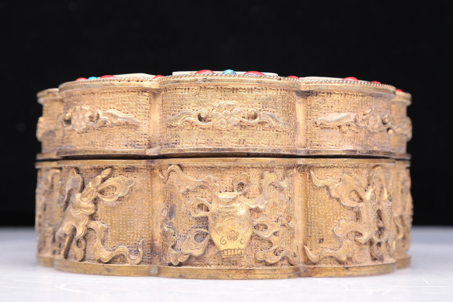 An Excellent Gilt-Bronze White Jade-Inlaid 'Weapons Of The Eight Immortals' Box