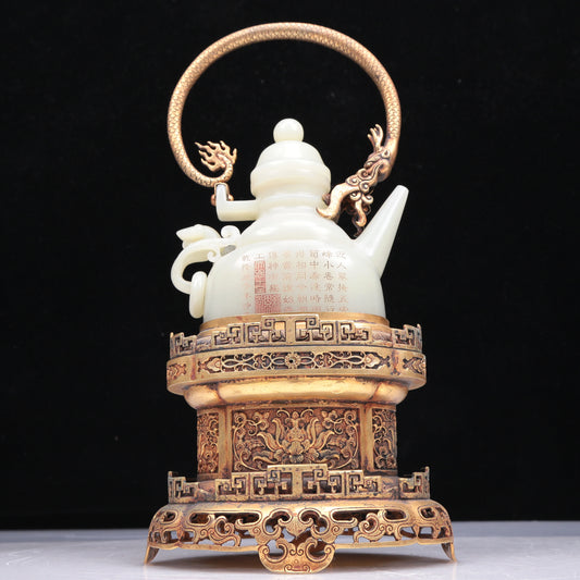 An Excellent White Jade 'Poem' Teapot With A Gilt-Bronze 'Dragon' Overhead Handle And Stand