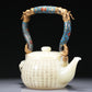 A Brilliant Imperial White Jade 'Poem' Teapot With A Cloisonne 'Scrolling Lotus& Dragon' Overhead Handle