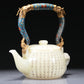 A Brilliant Imperial White Jade 'Poem' Teapot With A Cloisonne 'Scrolling Lotus& Dragon' Overhead Handle