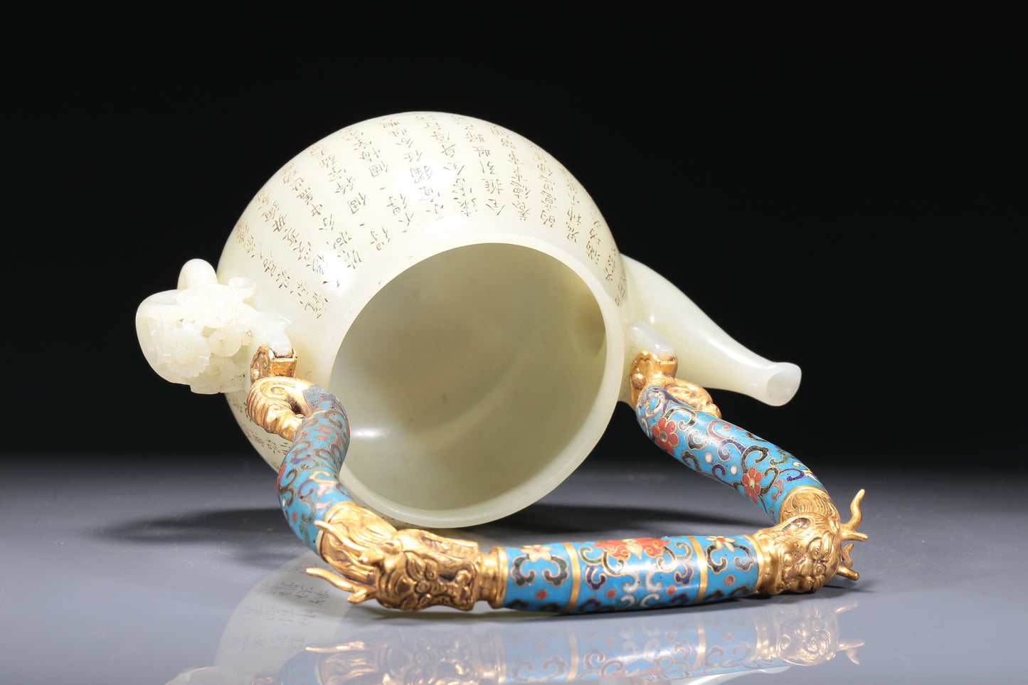 A Brilliant Imperial White Jade 'Poem' Teapot With A Cloisonne 'Scrolling Lotus& Dragon' Overhead Handle