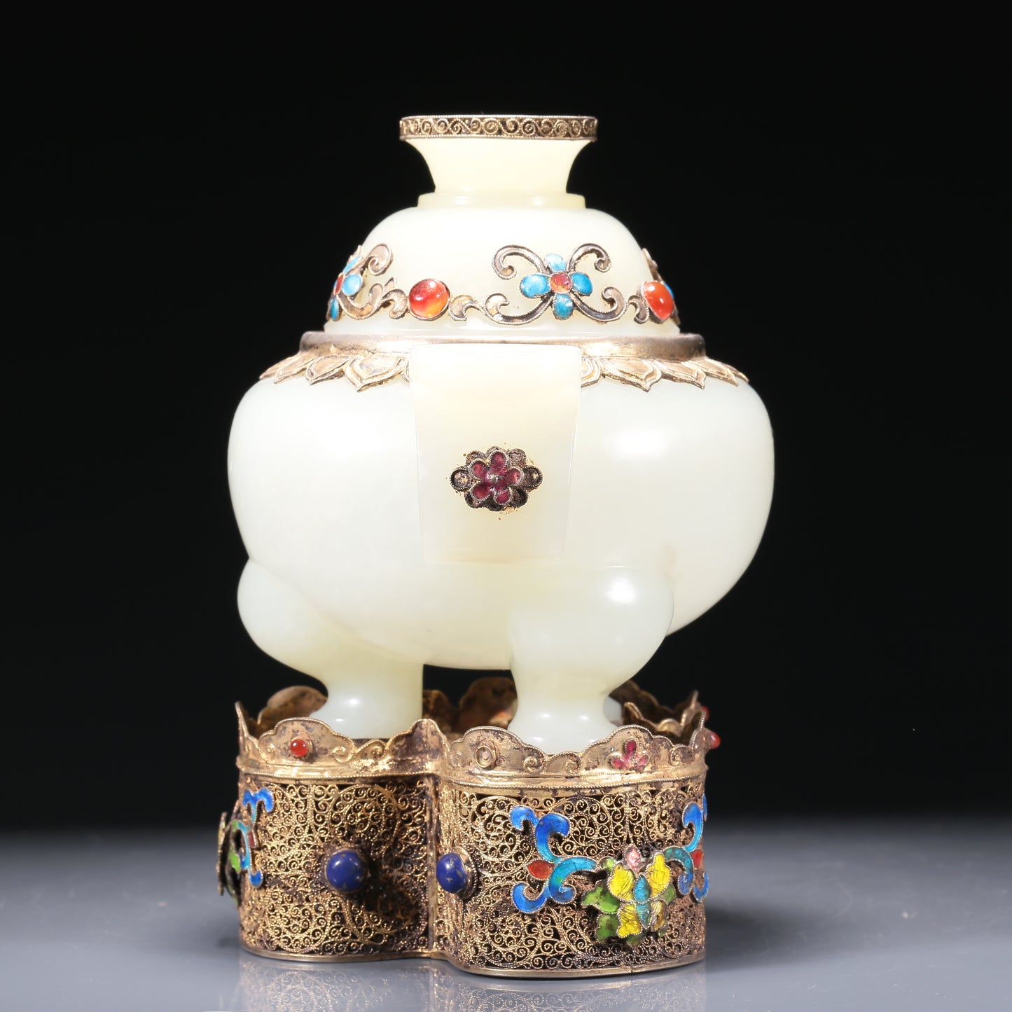 A Brilliant White Jade Gilt-Silver Gem-Inlaid Tripod Censer And Cover