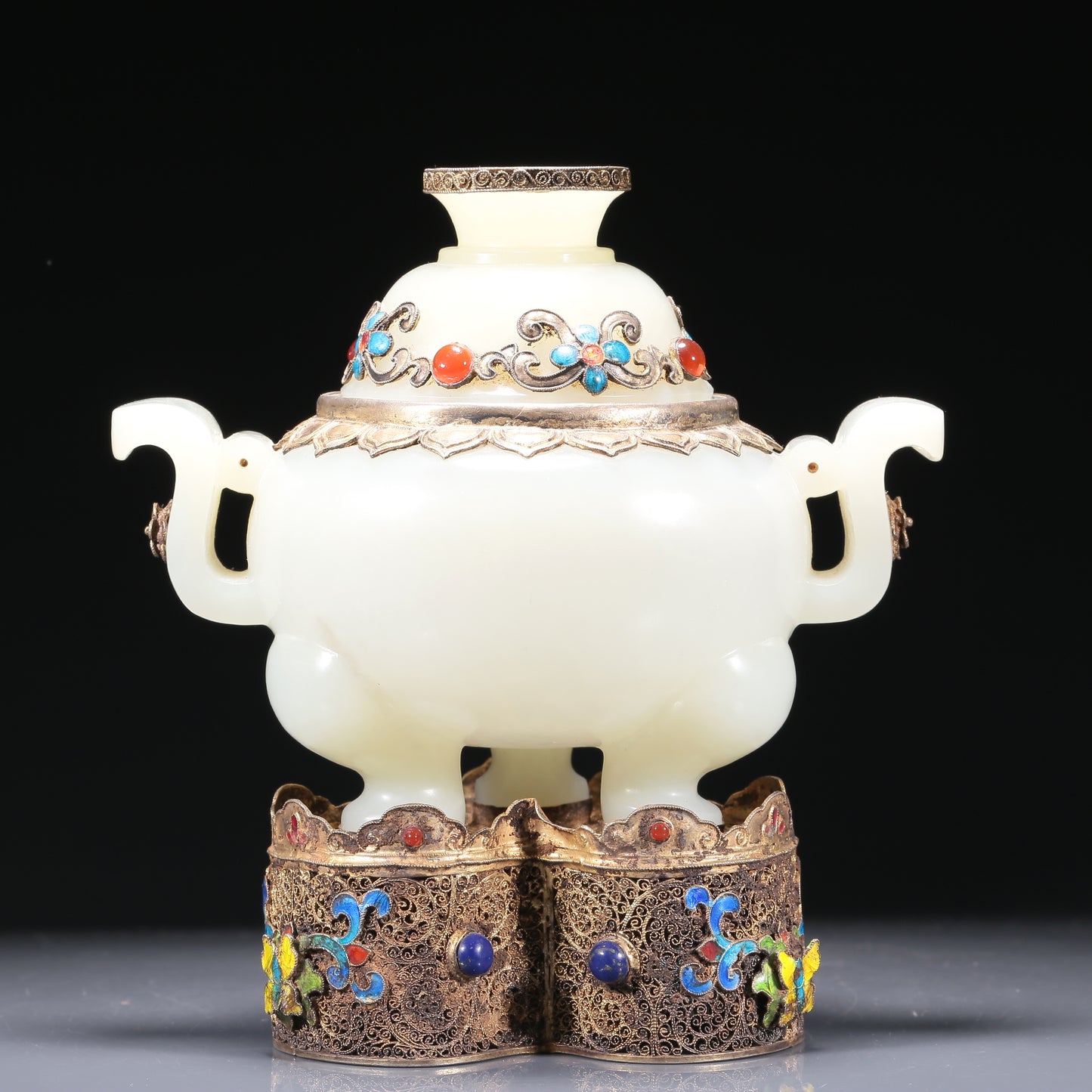 A Brilliant White Jade Gilt-Silver Gem-Inlaid Tripod Censer And Cover