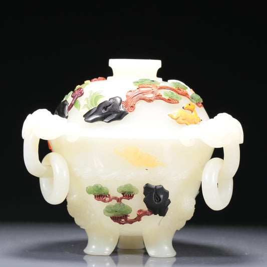 A Brilliant Imperial White Jade Gem-Inlaid 'Bird& Flower' Tripod Censer And Cover