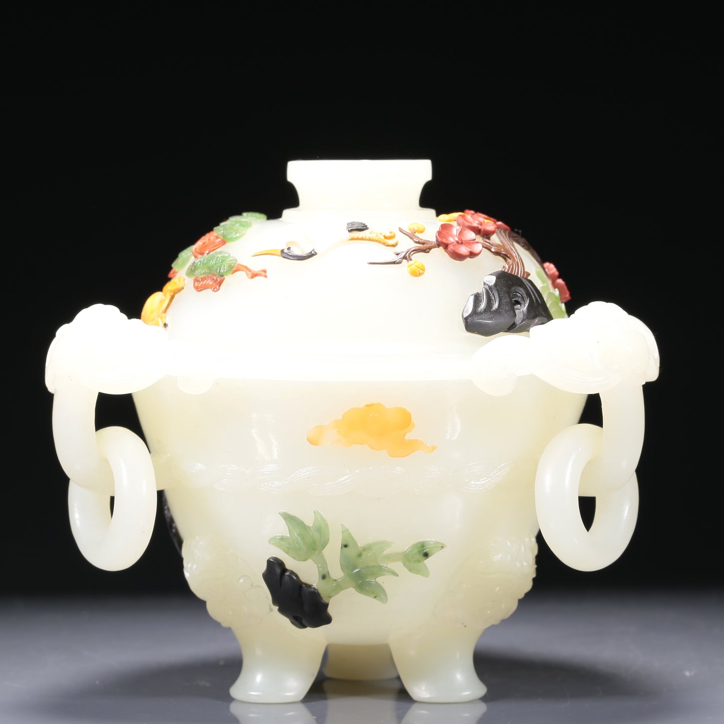 A Brilliant Imperial White Jade Gem-Inlaid 'Bird& Flower' Tripod Censer And Cover