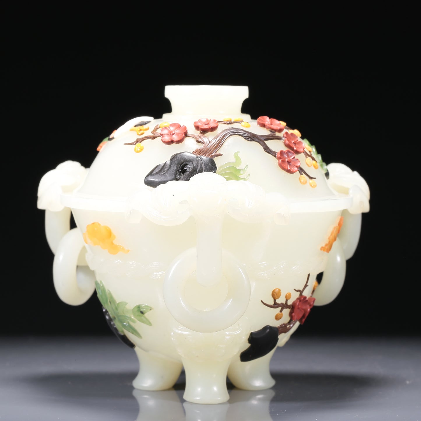 A Brilliant Imperial White Jade Gem-Inlaid 'Bird& Flower' Tripod Censer And Cover