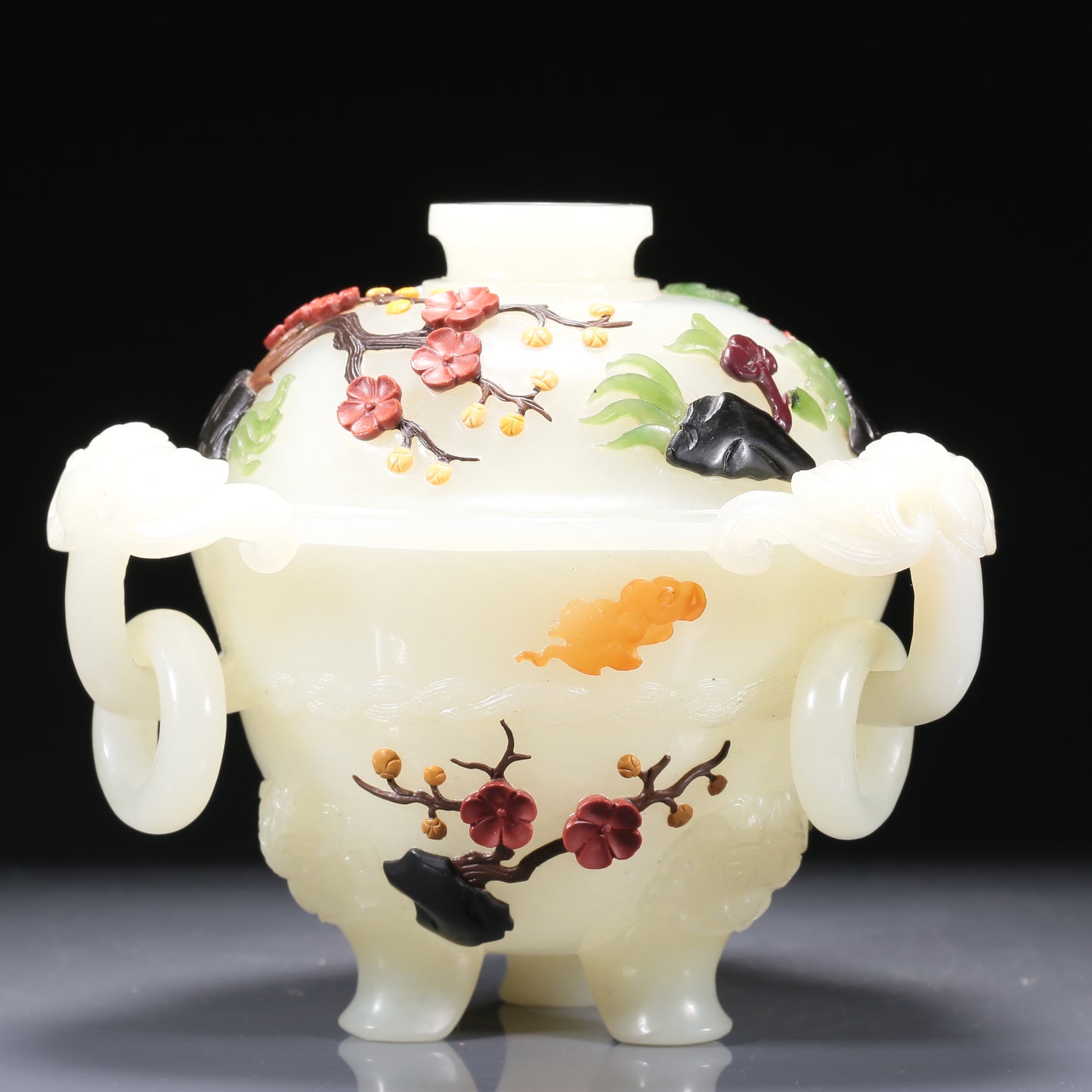 A Brilliant Imperial White Jade Gem-Inlaid 'Bird& Flower' Tripod Censer And Cover