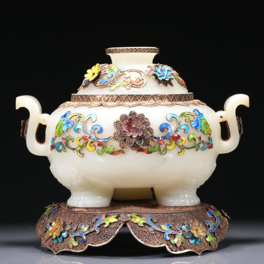 A Brilliant White Jade Gilt-Silver-Mounted Blueing 'Scrolling Lotus' Tripod Censer And Cover