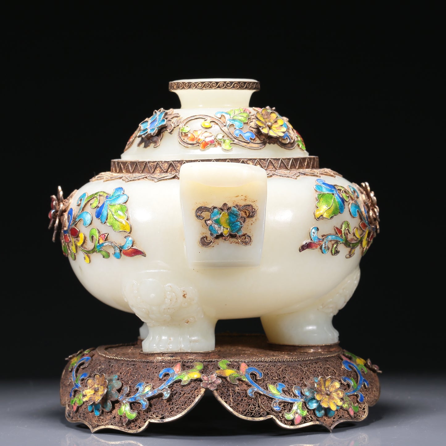 A Brilliant White Jade Gilt-Silver-Mounted Blueing 'Scrolling Lotus' Tripod Censer And Cover