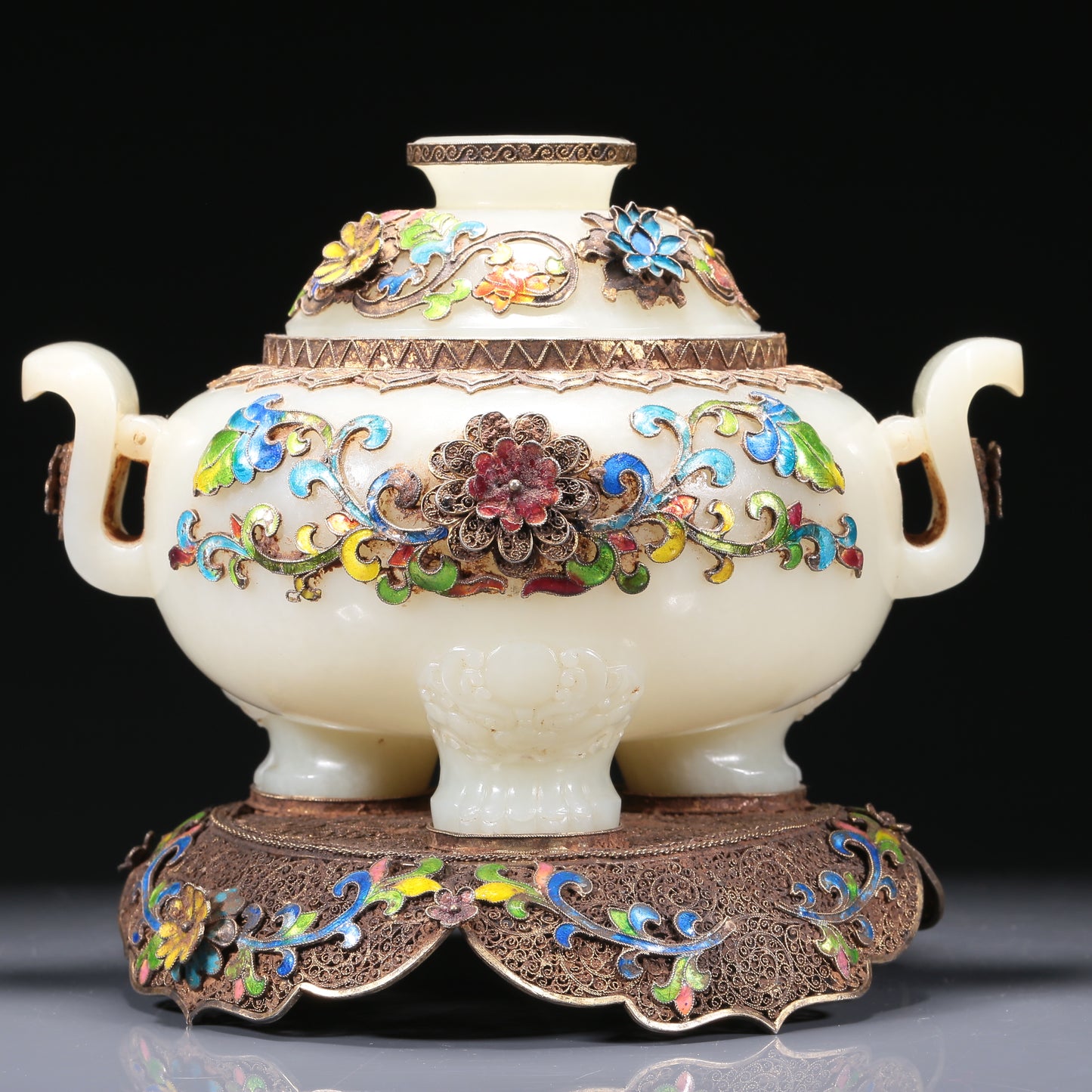 A Brilliant White Jade Gilt-Silver-Mounted Blueing 'Scrolling Lotus' Tripod Censer And Cover