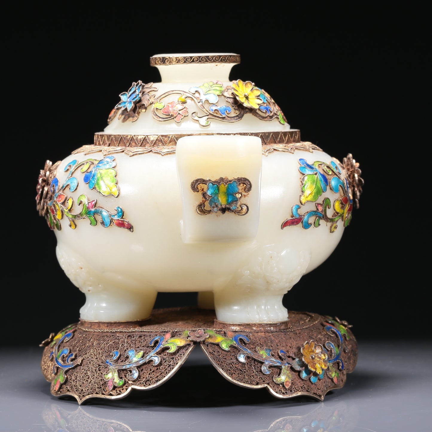 A Brilliant White Jade Gilt-Silver-Mounted Blueing 'Scrolling Lotus' Tripod Censer And Cover