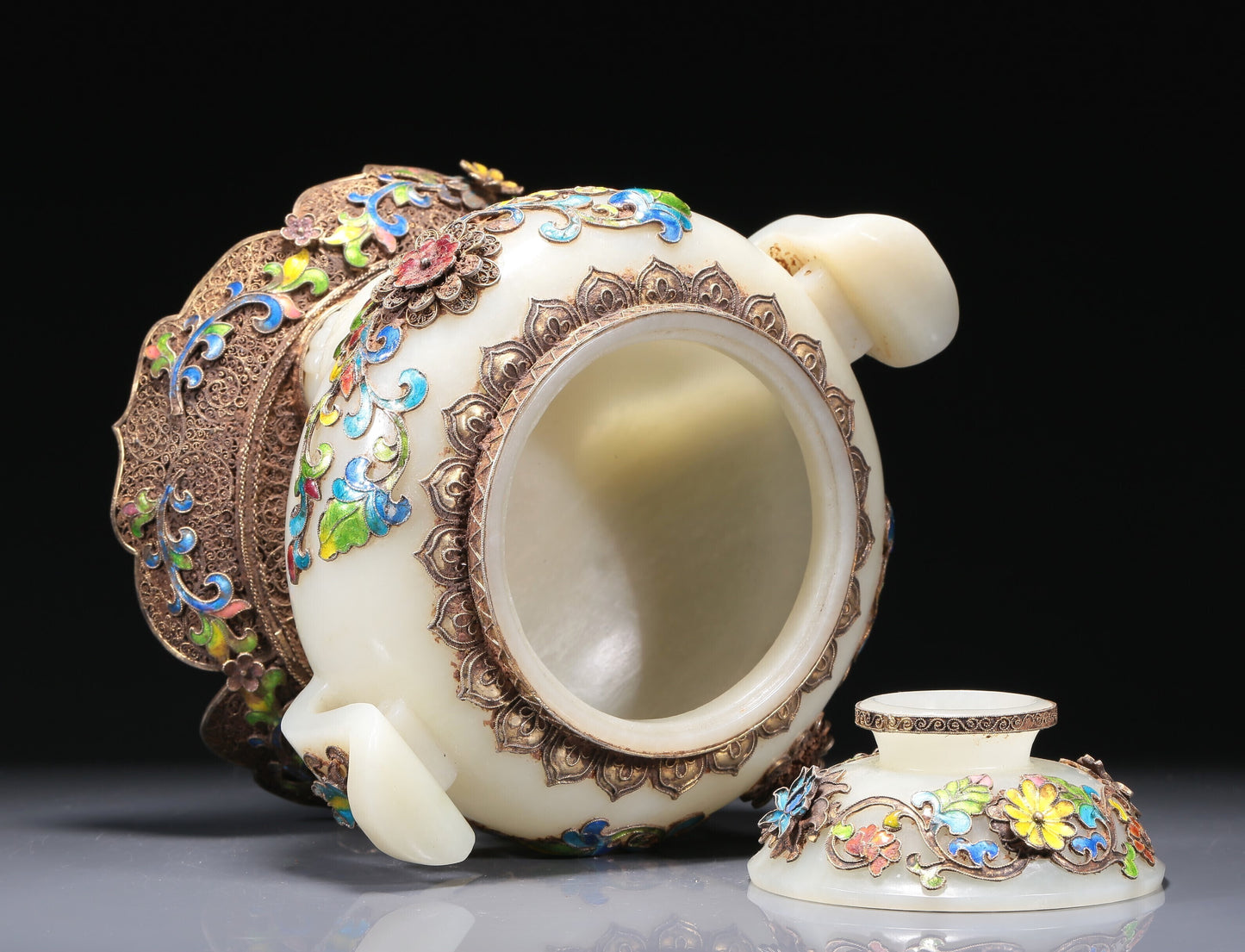 A Brilliant White Jade Gilt-Silver-Mounted Blueing 'Scrolling Lotus' Tripod Censer And Cover