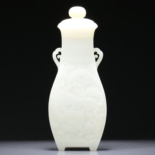 An Exquisite White Jade 'Dragon& Auspicious Cloud' Vase With Poem Inscriptions