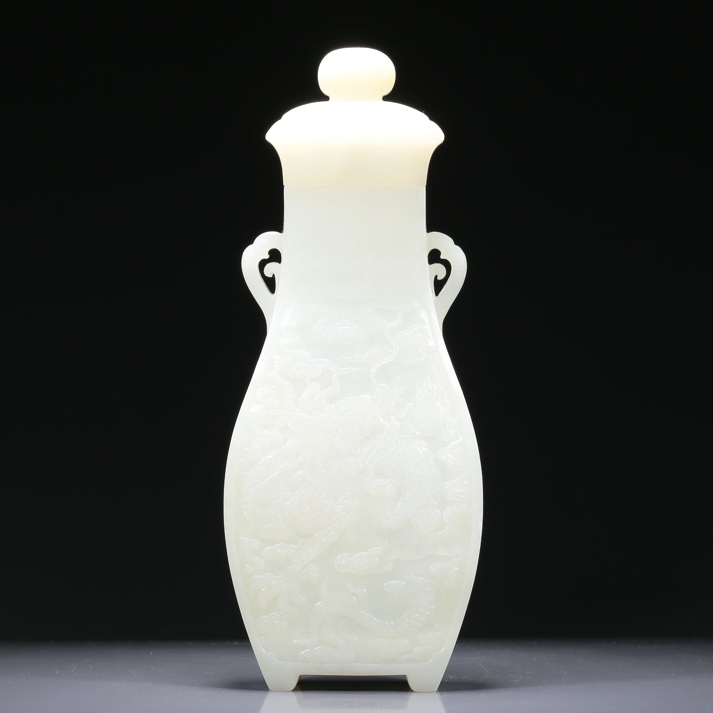 An Exquisite White Jade 'Dragon& Auspicious Cloud' Vase With Poem Inscriptions