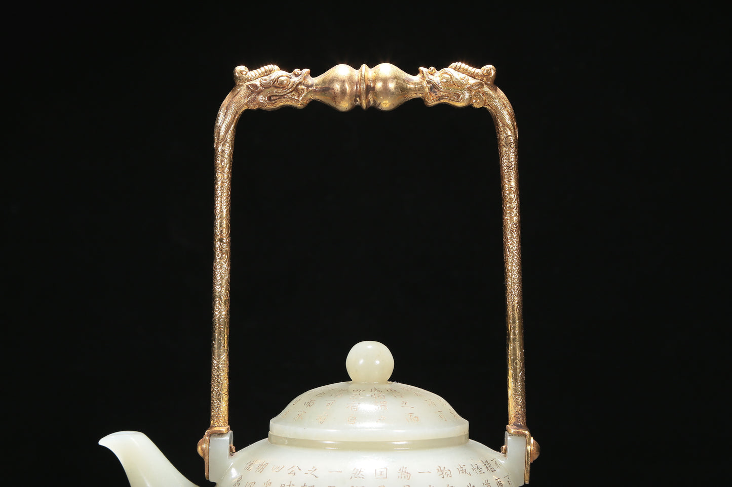 A Precious White Jade 'Poem' Teapot With A Gilt-Bronze 'Dragon' Handle And Stand