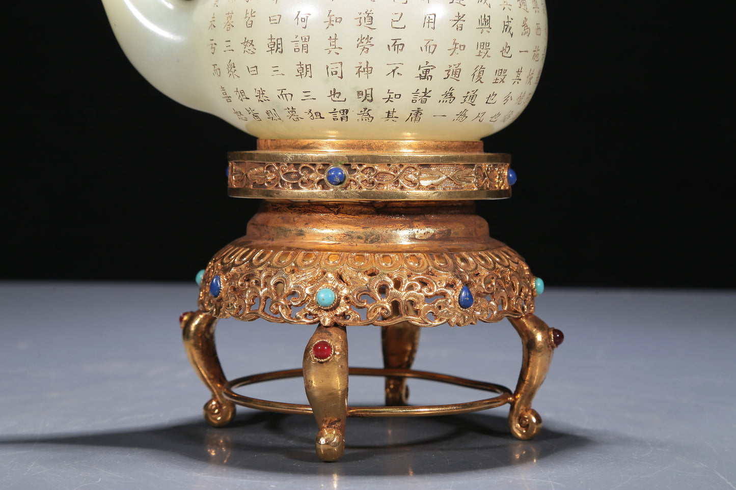 A Precious White Jade 'Poem' Teapot With A Gilt-Bronze 'Dragon' Handle And Stand