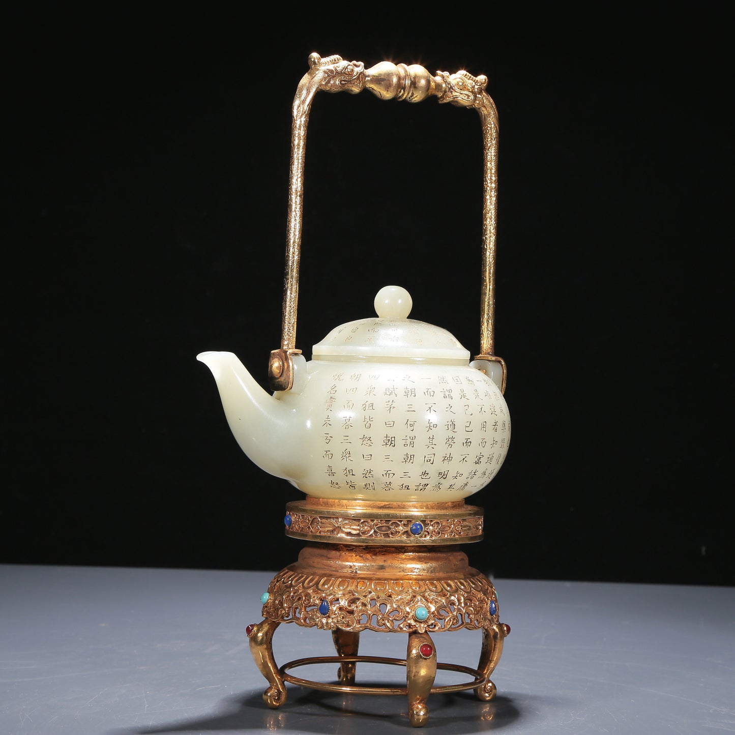 A Precious White Jade 'Poem' Teapot With A Gilt-Bronze 'Dragon' Handle And Stand