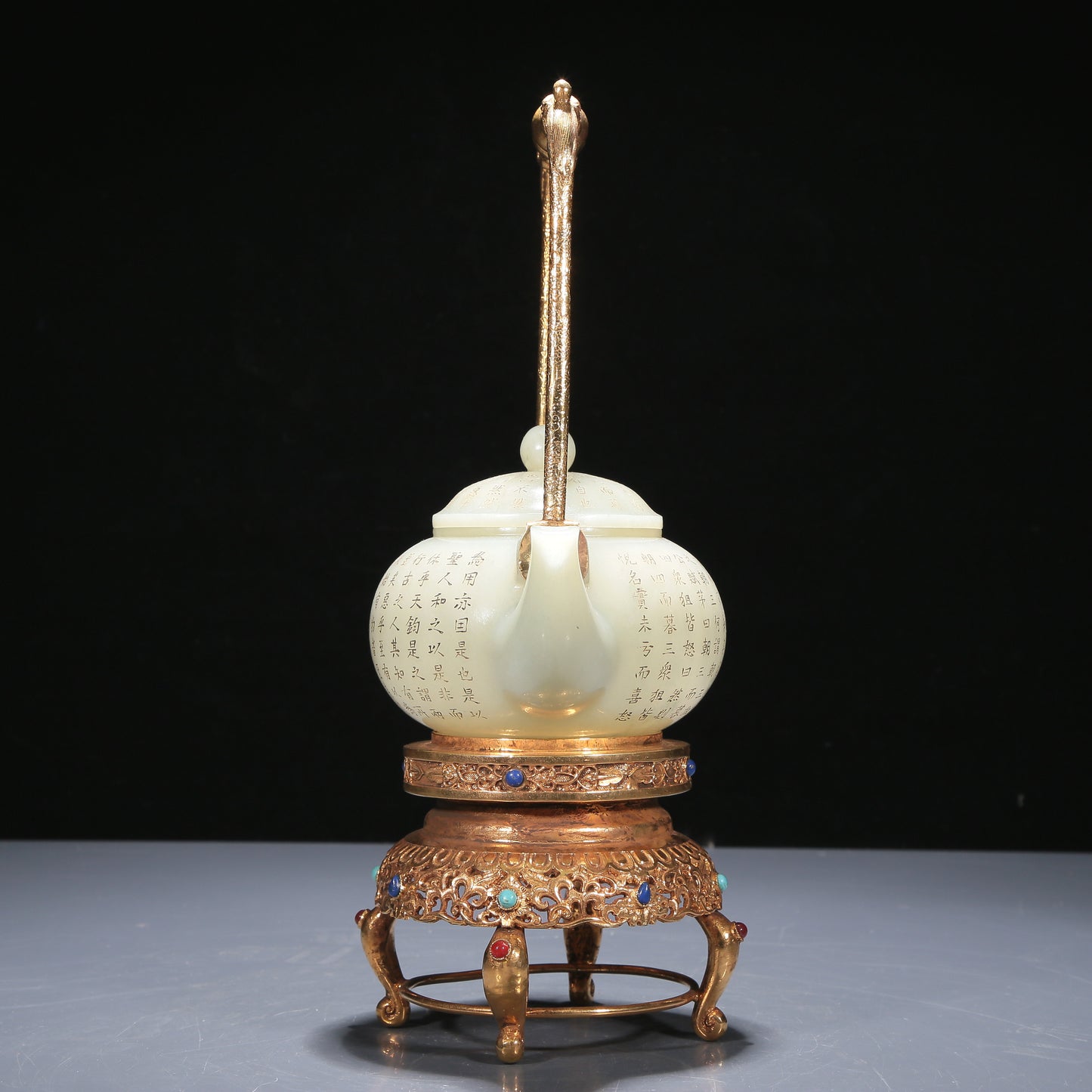 A Precious White Jade 'Poem' Teapot With A Gilt-Bronze 'Dragon' Handle And Stand