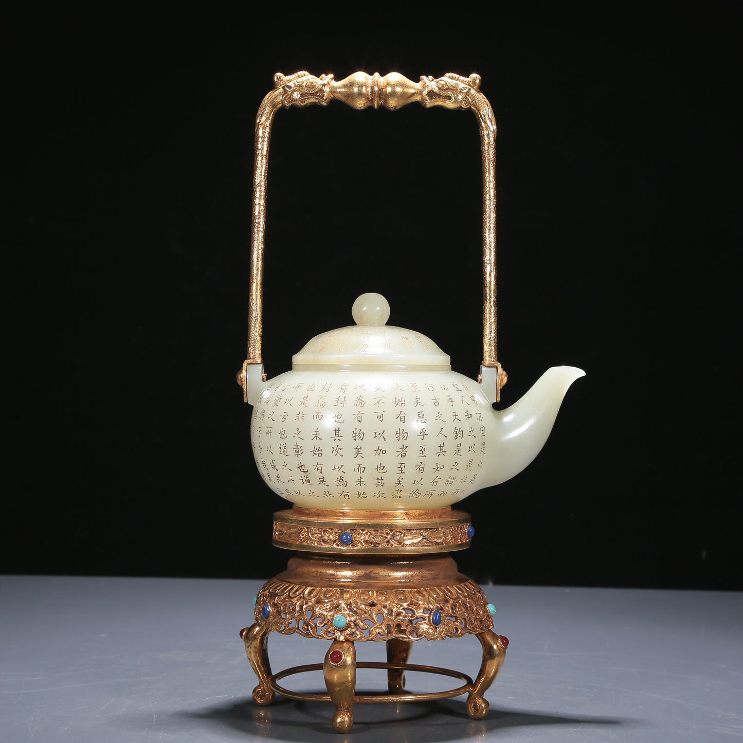 A Precious White Jade 'Poem' Teapot With A Gilt-Bronze 'Dragon' Handle And Stand