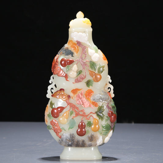 A Precious White Jade Gem-Inlaid 'Bat' Gourd-Form Vase