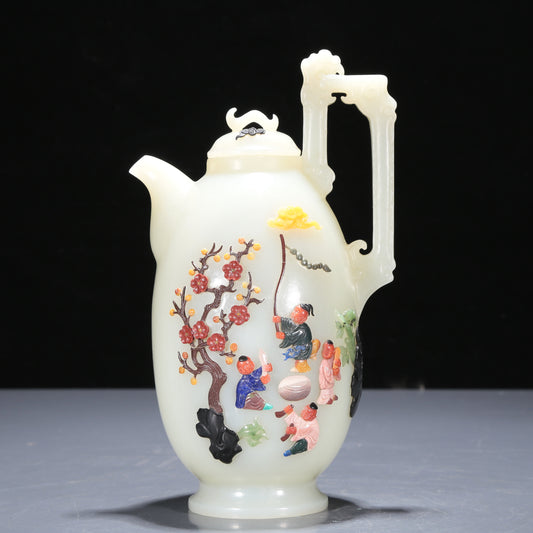 A Precious White Jade Gem-Inlaid 'Figure' Ewer