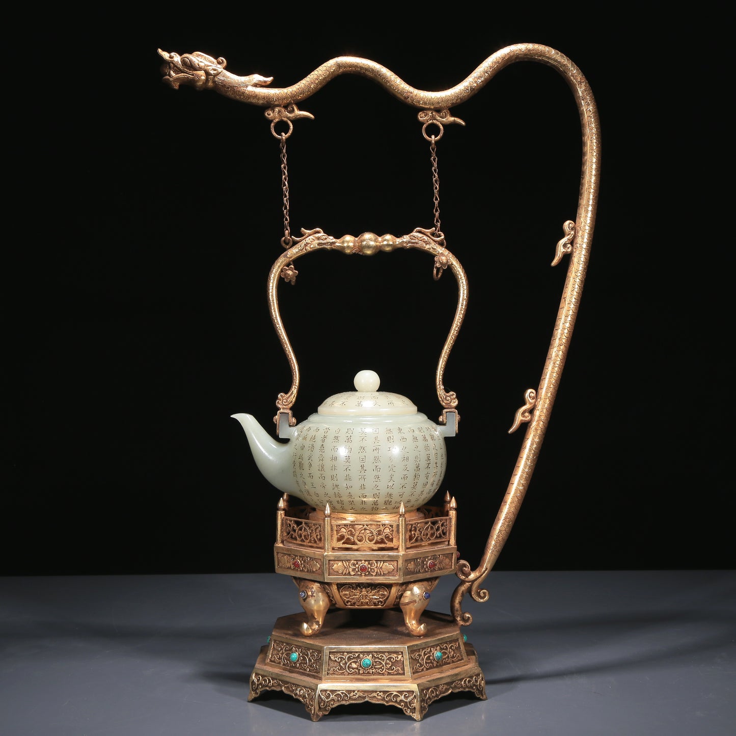 A Precious White Jade 'Poem' Teapot With A Gilt-Bronze 'Dragon' Handle And Stand