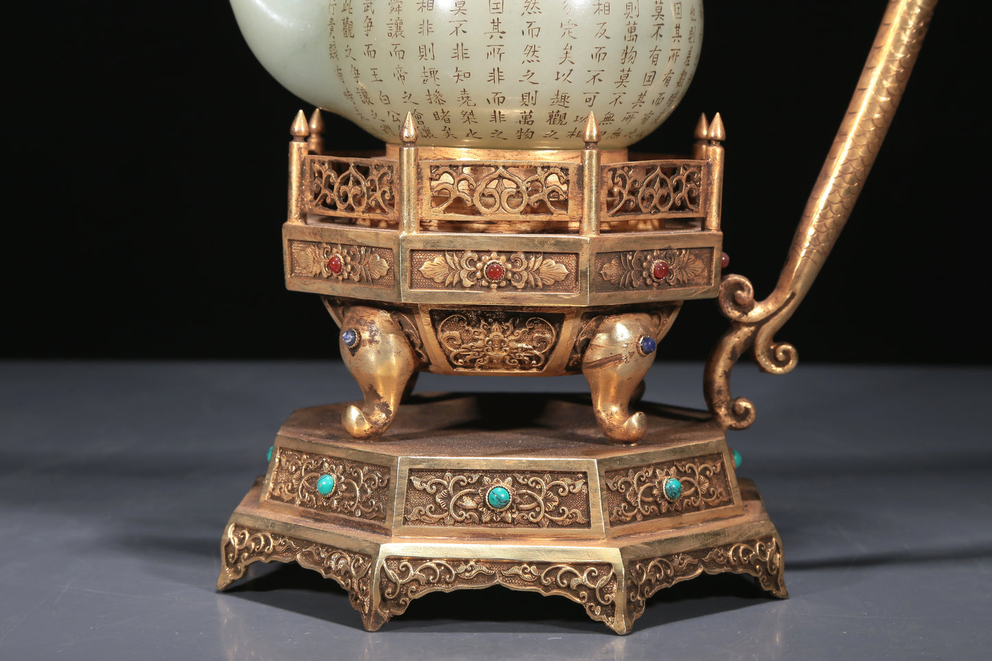 A Precious White Jade 'Poem' Teapot With A Gilt-Bronze 'Dragon' Handle And Stand