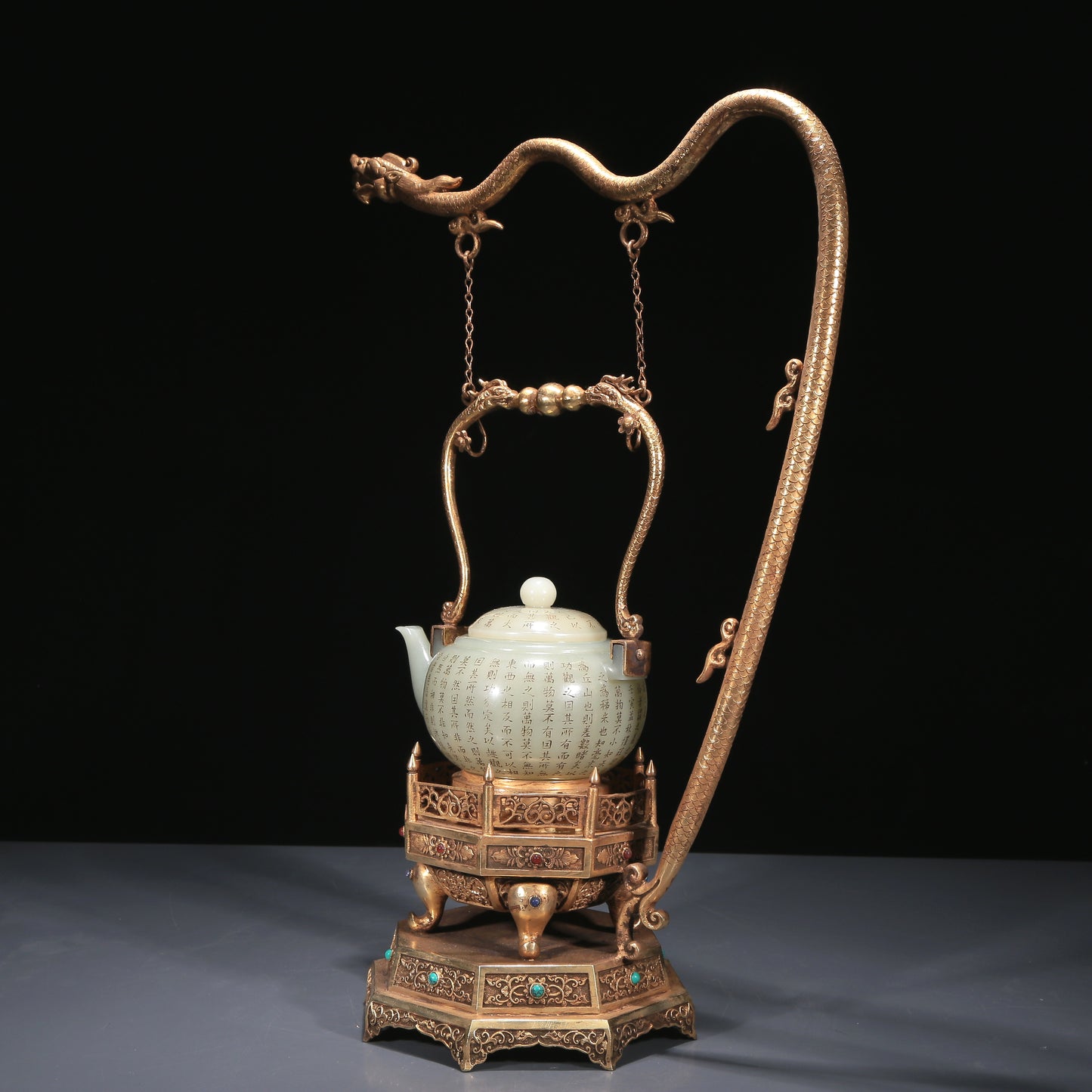 A Precious White Jade 'Poem' Teapot With A Gilt-Bronze 'Dragon' Handle And Stand