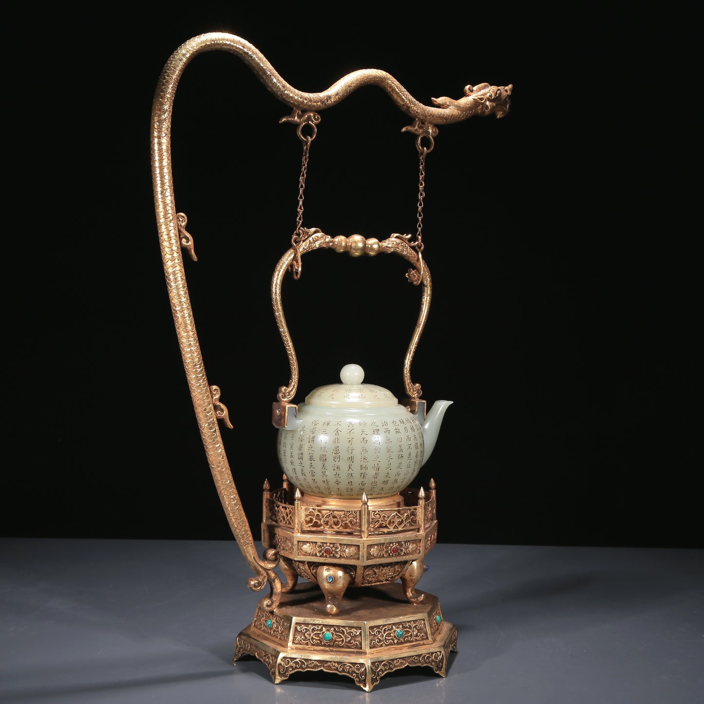 A Precious White Jade 'Poem' Teapot With A Gilt-Bronze 'Dragon' Handle And Stand