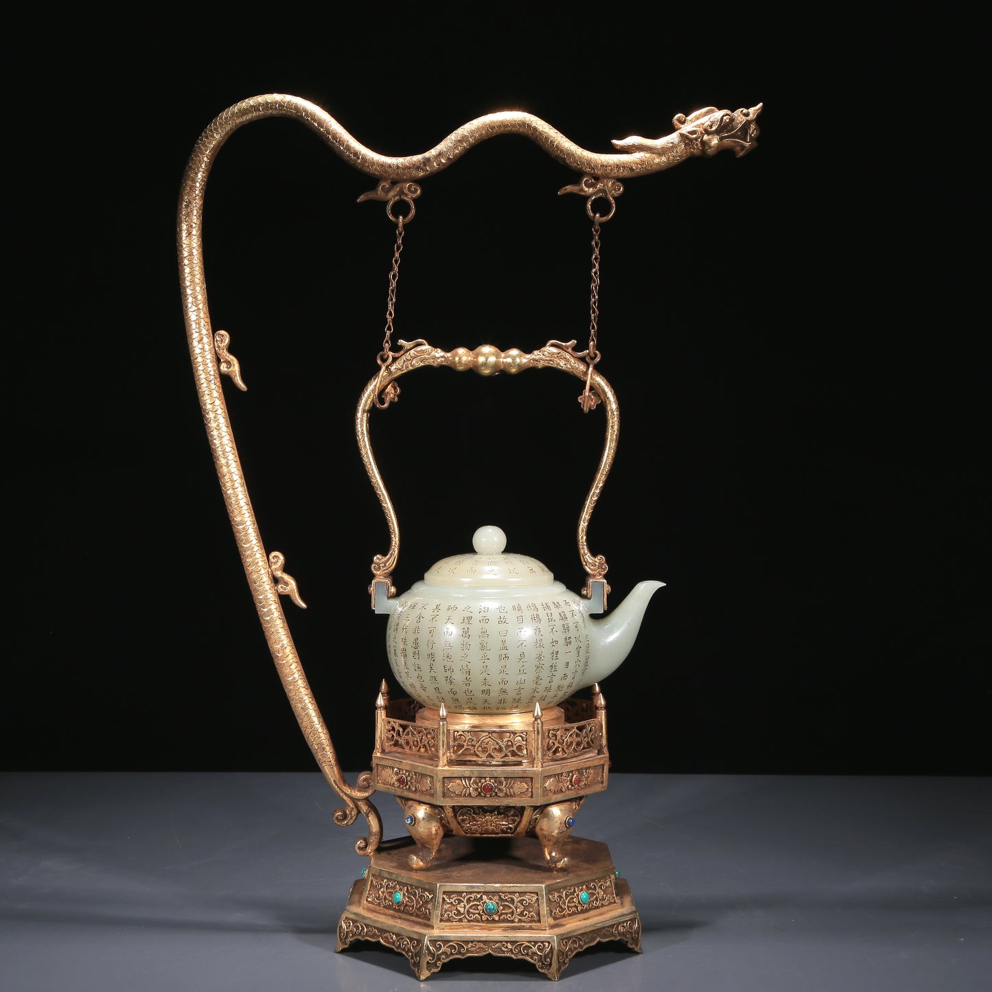 A Precious White Jade 'Poem' Teapot With A Gilt-Bronze 'Dragon' Handle And Stand