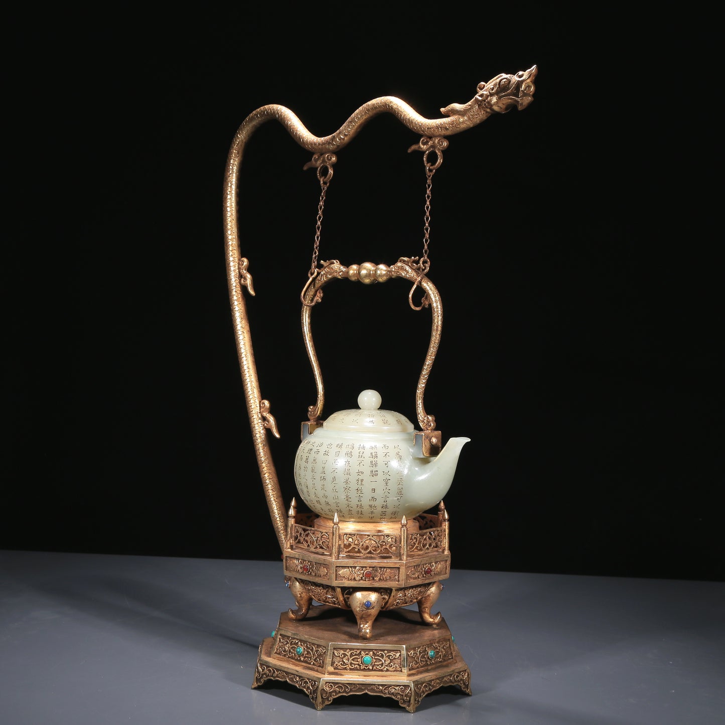 A Precious White Jade 'Poem' Teapot With A Gilt-Bronze 'Dragon' Handle And Stand