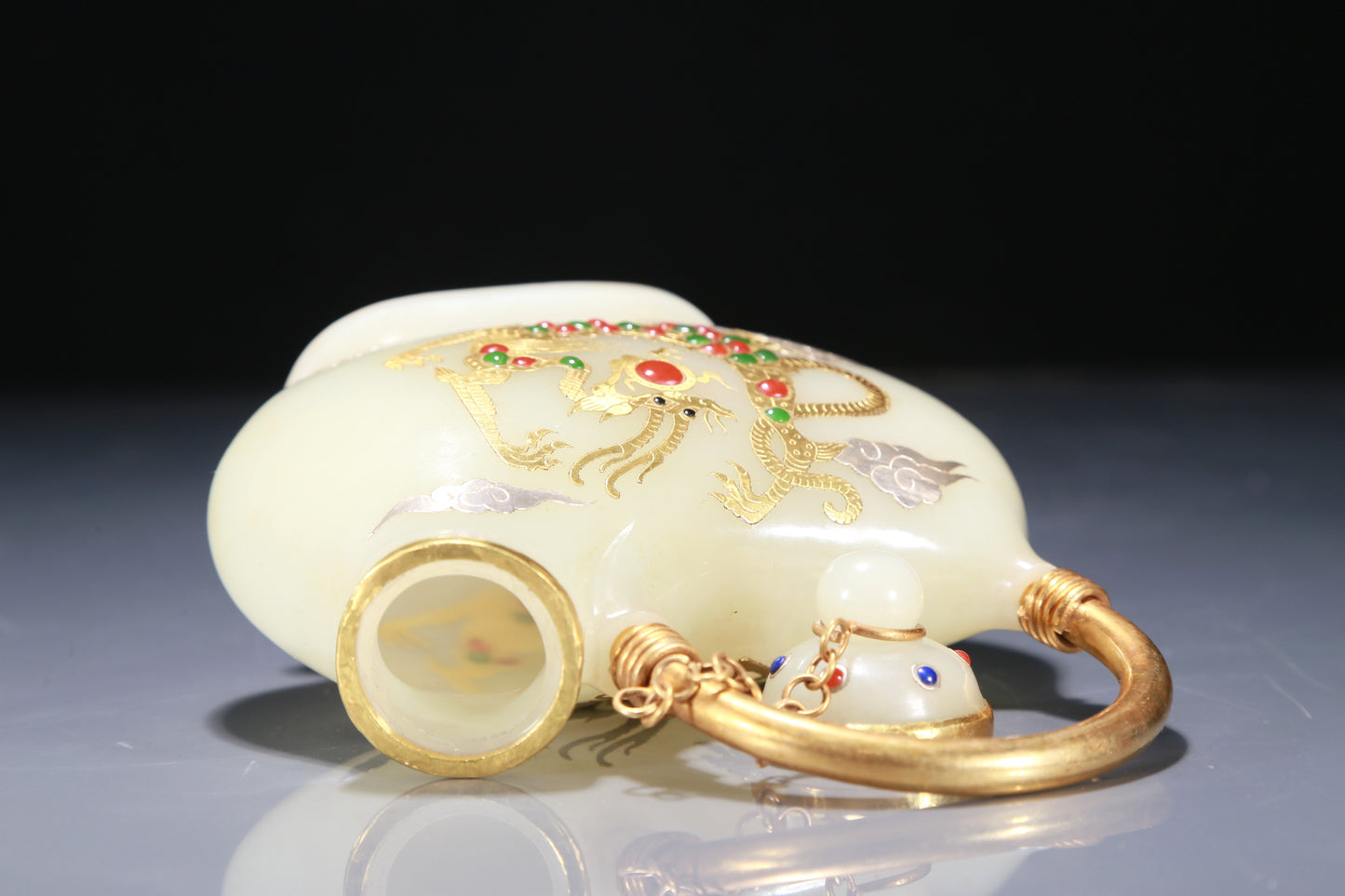 A Superb White Jade Gold-Mounted 'Dragon& Auspicious Dragon' Ewer