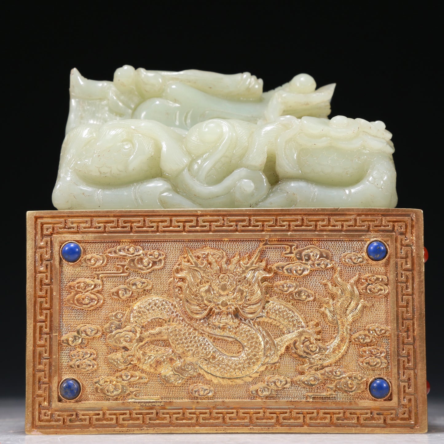 A Marvelous White Jade Gilt-Bronze-Mounted 'Dragon& Auspicious Cloud' Seal