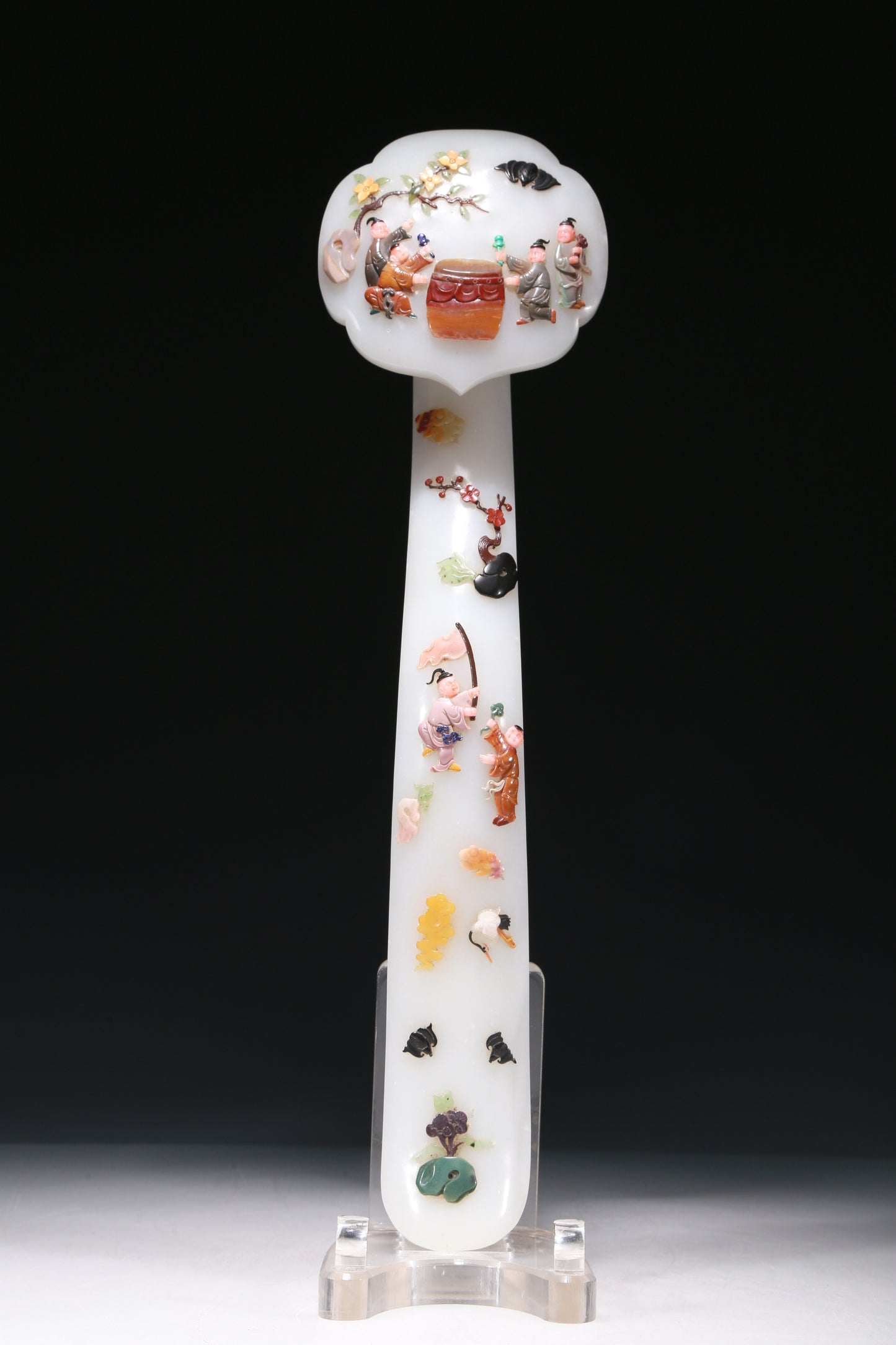 A Marvelous White Jade Gem-Inlaid 'Figure' Ruyi Scepter With Poem Inscriptions