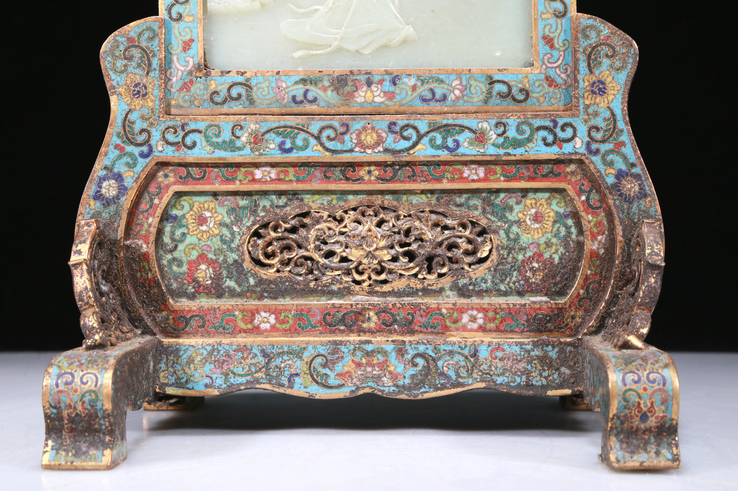 A Fabulous Cloisonne White Jade-Inlaid 'Figure' Table Screen With Imperial Poem Inscriptions From Qianlong Period