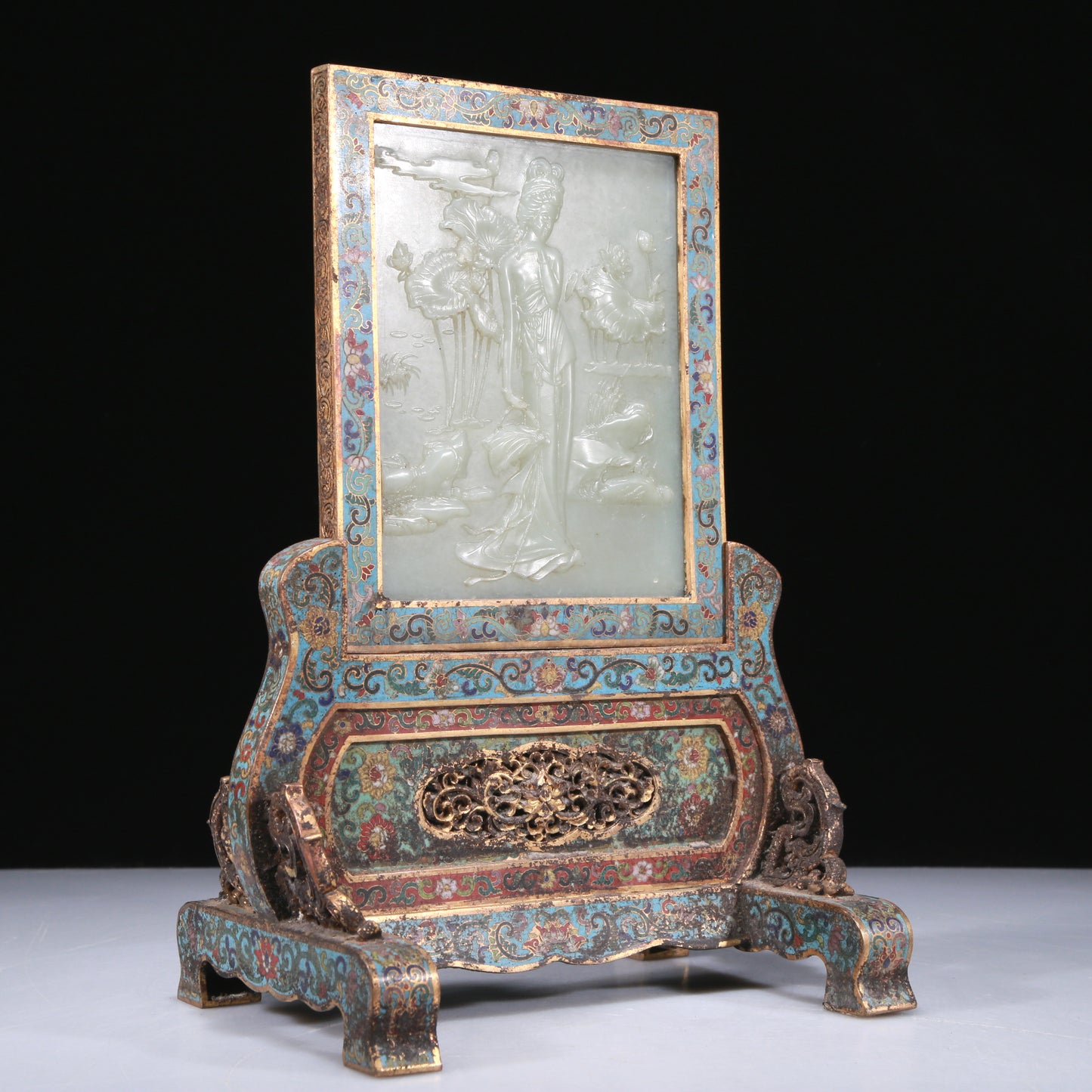 A Fabulous Cloisonne White Jade-Inlaid 'Figure' Table Screen With Imperial Poem Inscriptions From Qianlong Period