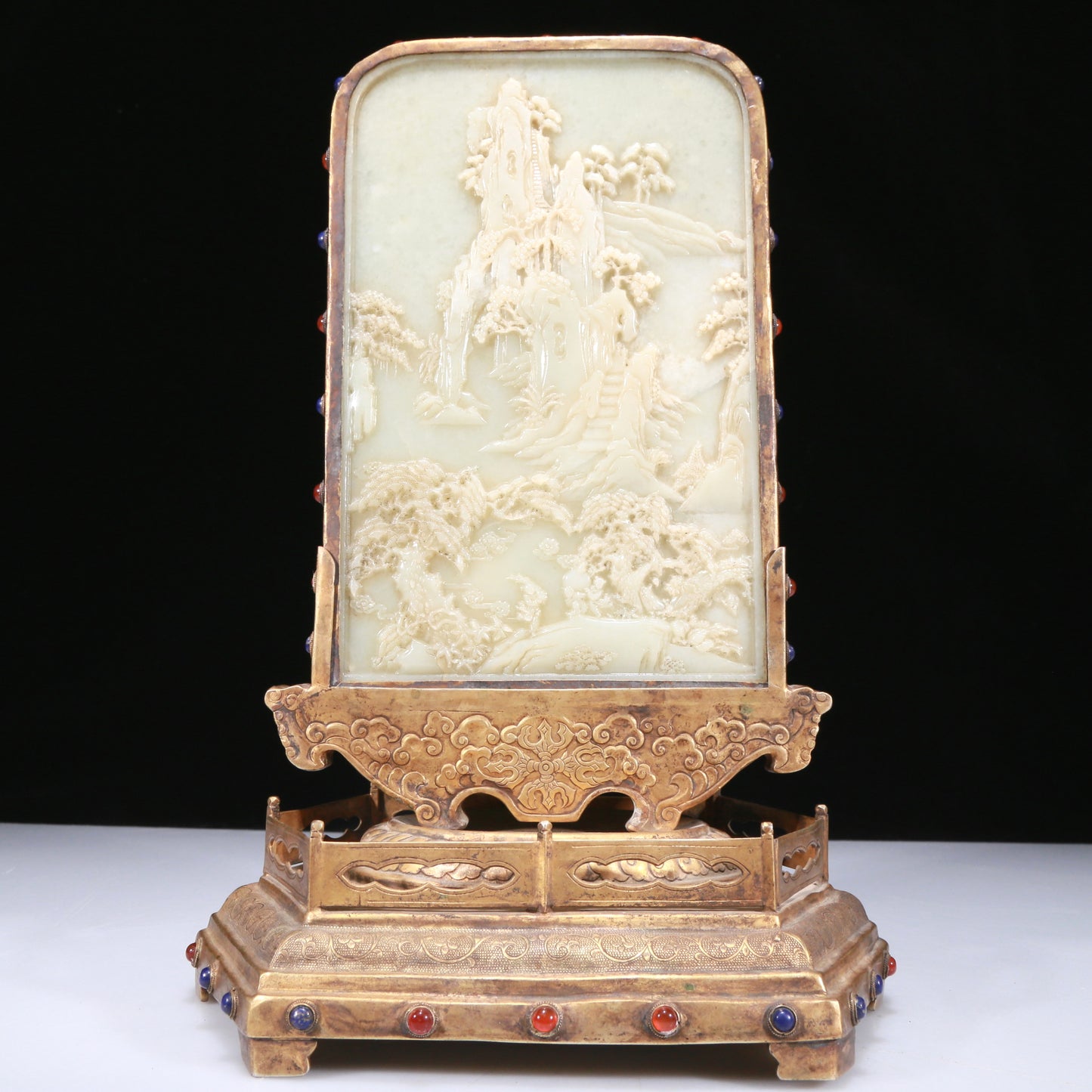 A Fabulous Gilt-Bronze White Jade-Inlaid 'Landscape' Table Screen With Poem Inscriptions