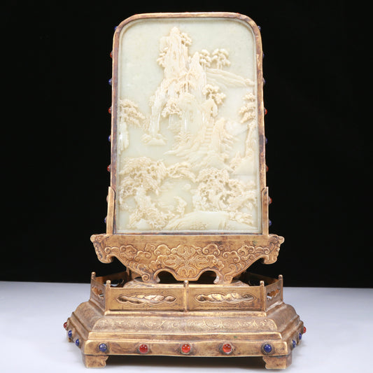 A Fabulous Gilt-Bronze White Jade-Inlaid 'Landscape' Table Screen With Poem Inscriptions