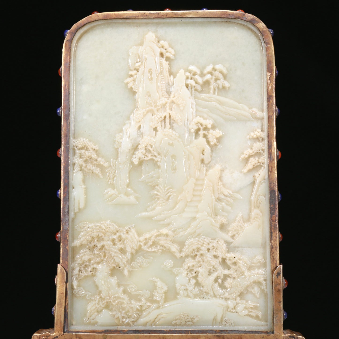 A Fabulous Gilt-Bronze White Jade-Inlaid 'Landscape' Table Screen With Poem Inscriptions