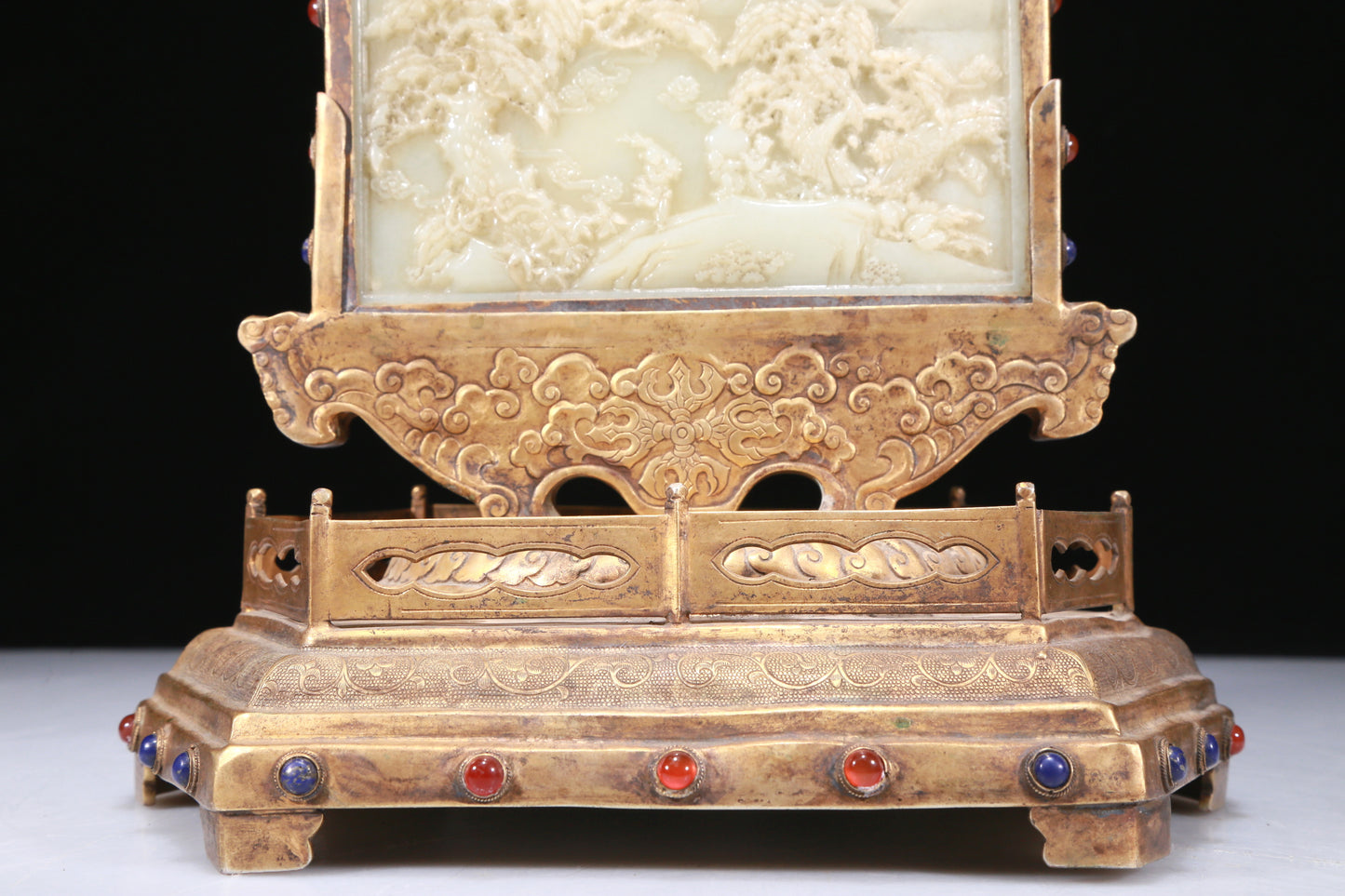 A Fabulous Gilt-Bronze White Jade-Inlaid 'Landscape' Table Screen With Poem Inscriptions