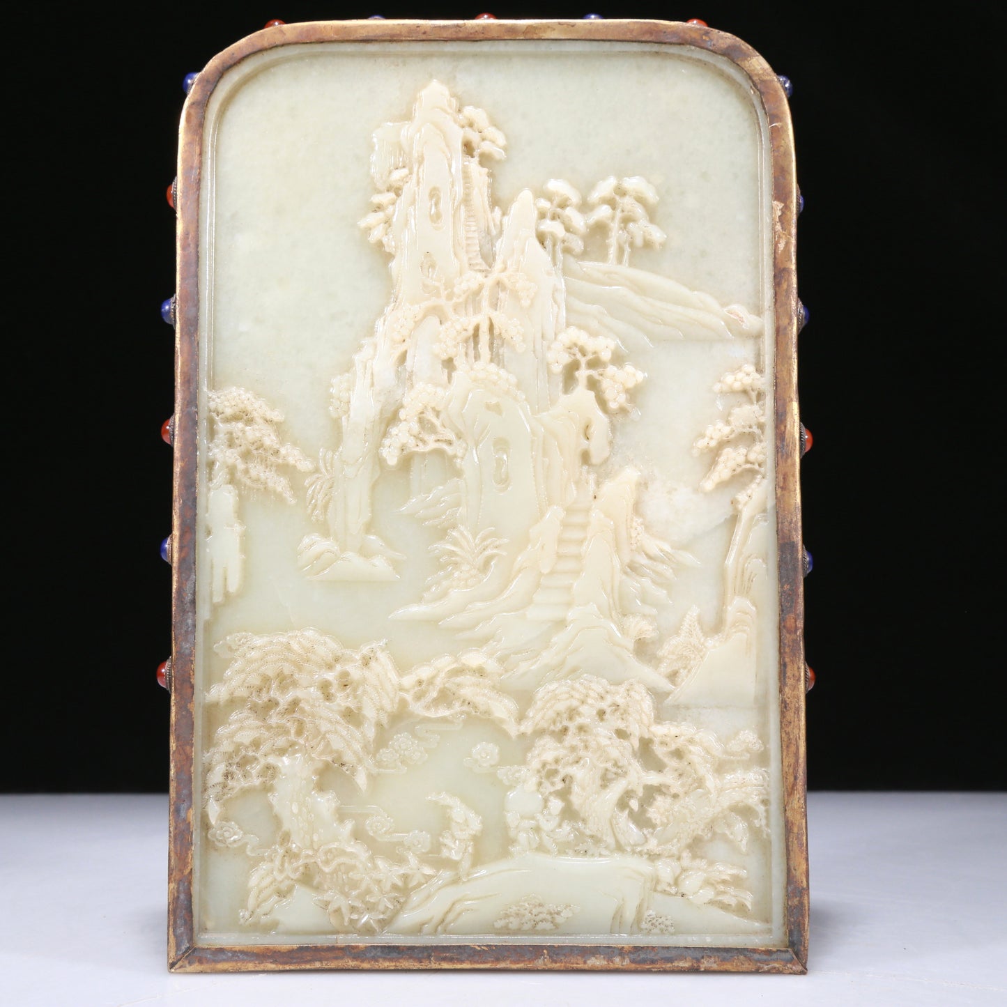 A Fabulous Gilt-Bronze White Jade-Inlaid 'Landscape' Table Screen With Poem Inscriptions