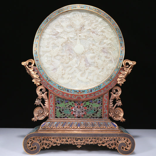 An Exquisite Imperial Cloisonne White Jade-Inlaid 'Dragon& Auspicious Cloud' Table Screen With Imperial Poem Inscriptions From Qianlong Period