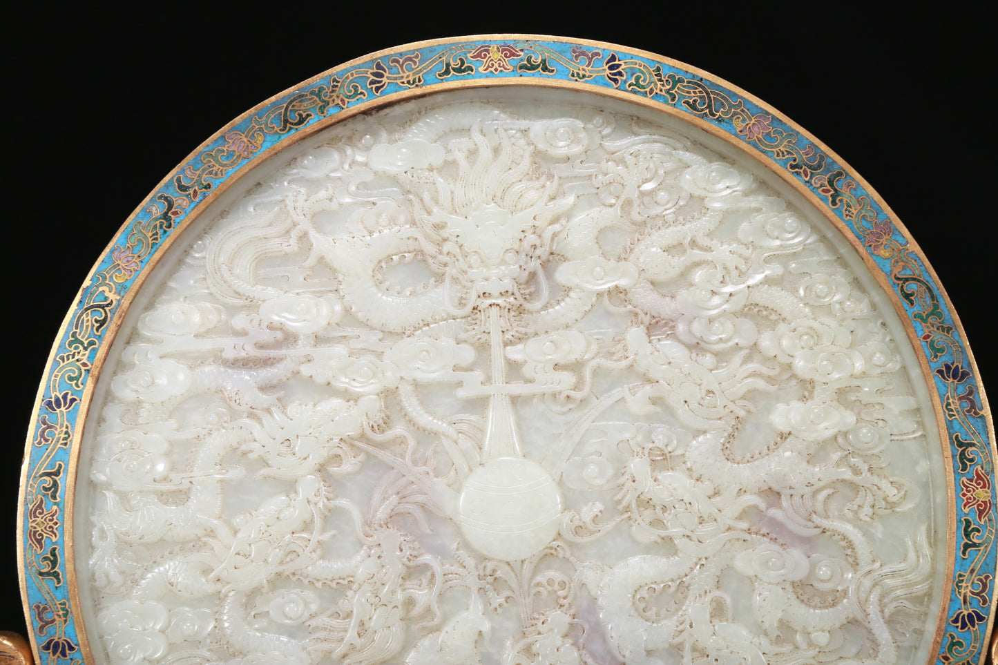 An Exquisite Imperial Cloisonne White Jade-Inlaid 'Dragon& Auspicious Cloud' Table Screen With Imperial Poem Inscriptions From Qianlong Period