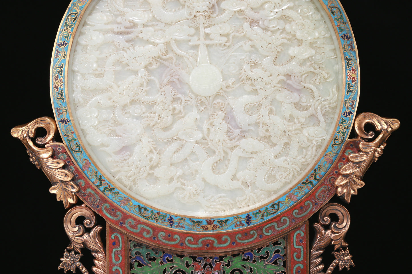 An Exquisite Imperial Cloisonne White Jade-Inlaid 'Dragon& Auspicious Cloud' Table Screen With Imperial Poem Inscriptions From Qianlong Period