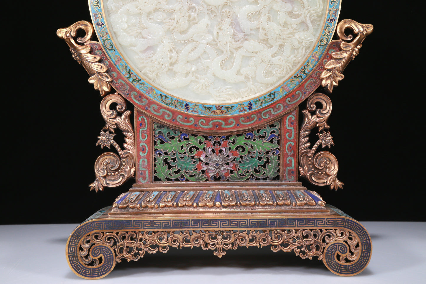 An Exquisite Imperial Cloisonne White Jade-Inlaid 'Dragon& Auspicious Cloud' Table Screen With Imperial Poem Inscriptions From Qianlong Period