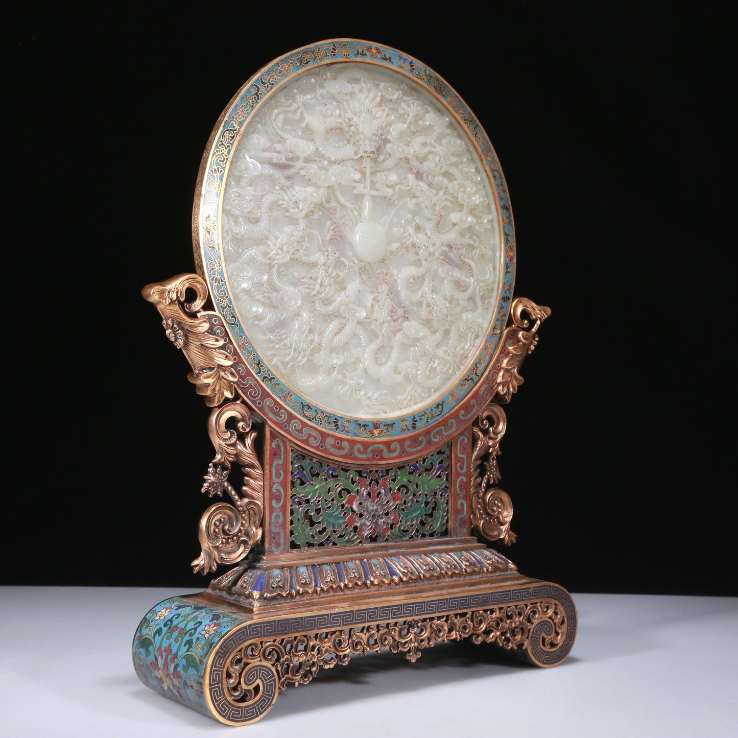 An Exquisite Imperial Cloisonne White Jade-Inlaid 'Dragon& Auspicious Cloud' Table Screen With Imperial Poem Inscriptions From Qianlong Period